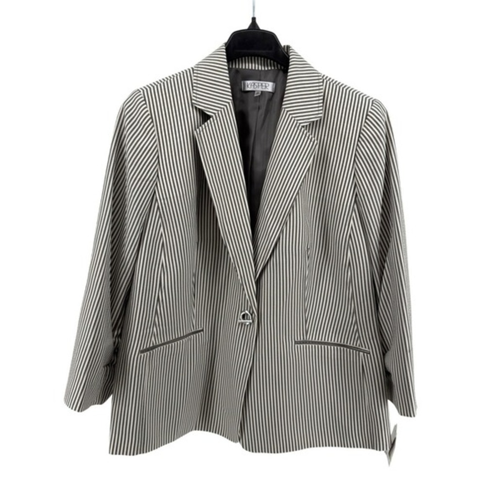 NEW Kasper Seersucker Womens 18W Gray White Stripe Blazer Jacket‎ Button Lined